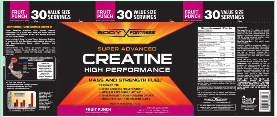 Official label of Body Fortress Super Advanced Creatine High Performance Fruit Punch (NIH DSLD #10027)