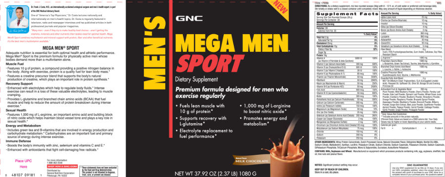 Official label of GNC Mega Men Sport Milk Chocolate (NIH DSLD #1060)