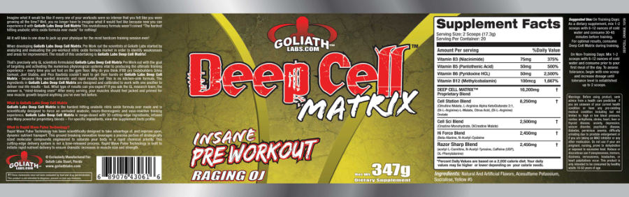 Official label of Goliath Labs Deep Cell Matrix Raging OJ (NIH DSLD #12354)