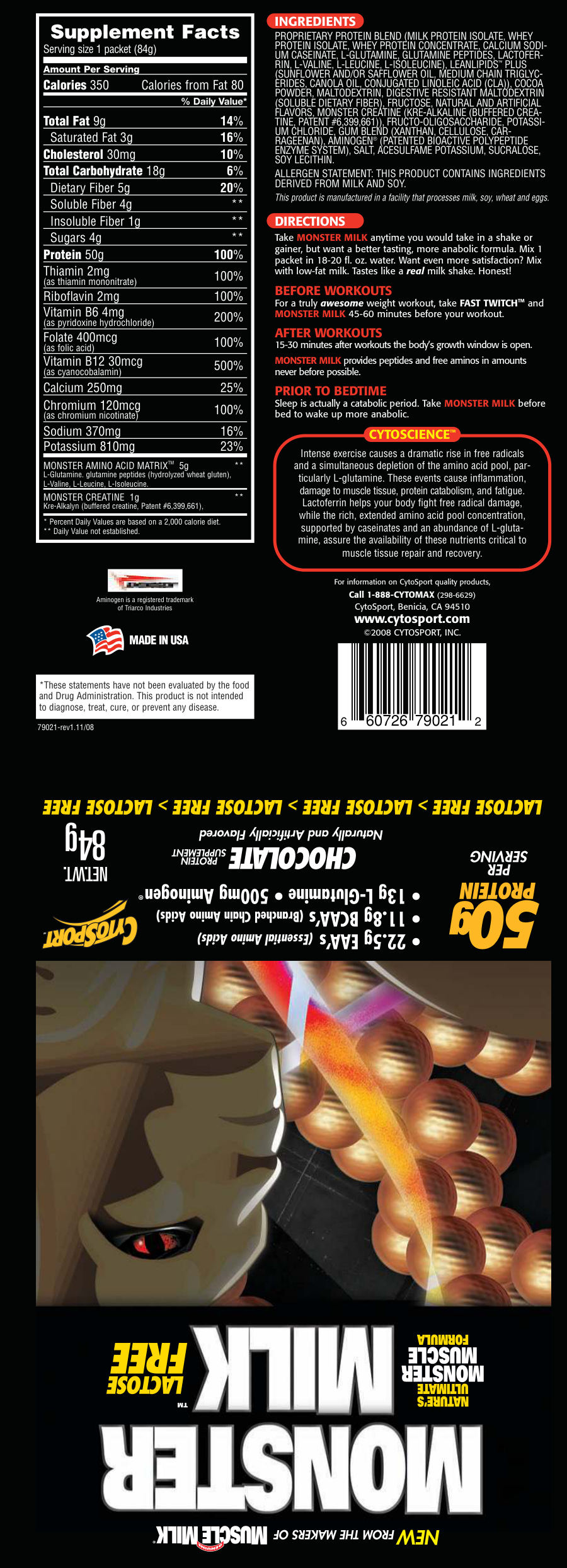 Official label of CytoSport Monster Milk Lactose Free Chocolate (NIH DSLD #12721)