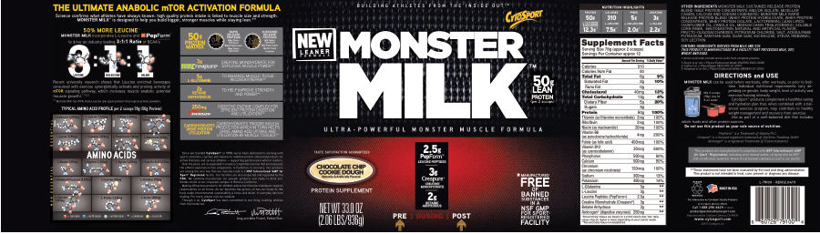 Official label of CytoSport Monster Milk Chocolate Chip Cookie Dough (NIH DSLD #12852)
