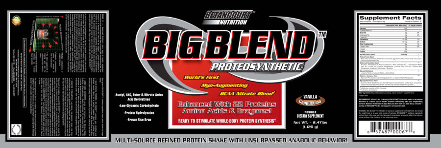 Official label of Betancourt Nutrition BIG BLEND Proteosynthetic Vanilla Cappuccino (NIH DSLD #12870)