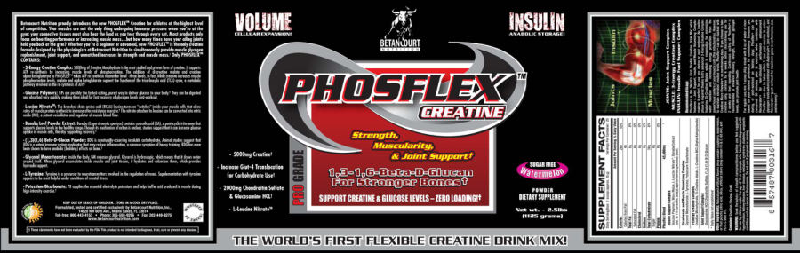 Official label of Betancourt Nutrition PHOSFLEX Creatine Sugar Free Watermelon (NIH DSLD #12897)