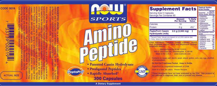 Official label of NOW Sports Amino Peptide (NIH DSLD #12973)