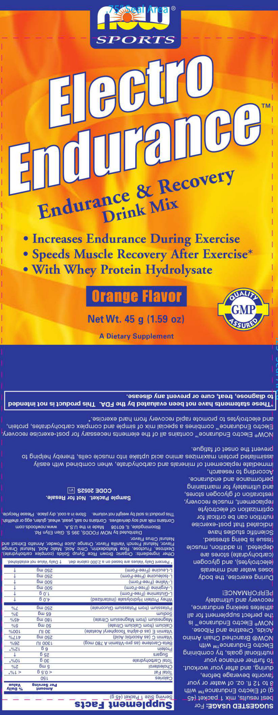 Official label of NOW Sports Electro Endurance Orange Flavor (NIH DSLD #13117)