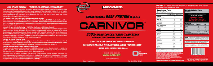 Official label of MuscleMeds Carnivor Vanilla Caramel (NIH DSLD #13347)