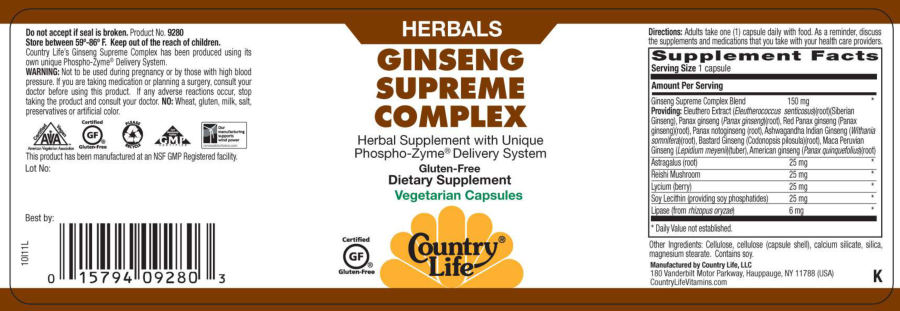 Official label of Country Life Ginseng Supreme Complex (NIH DSLD #13594)