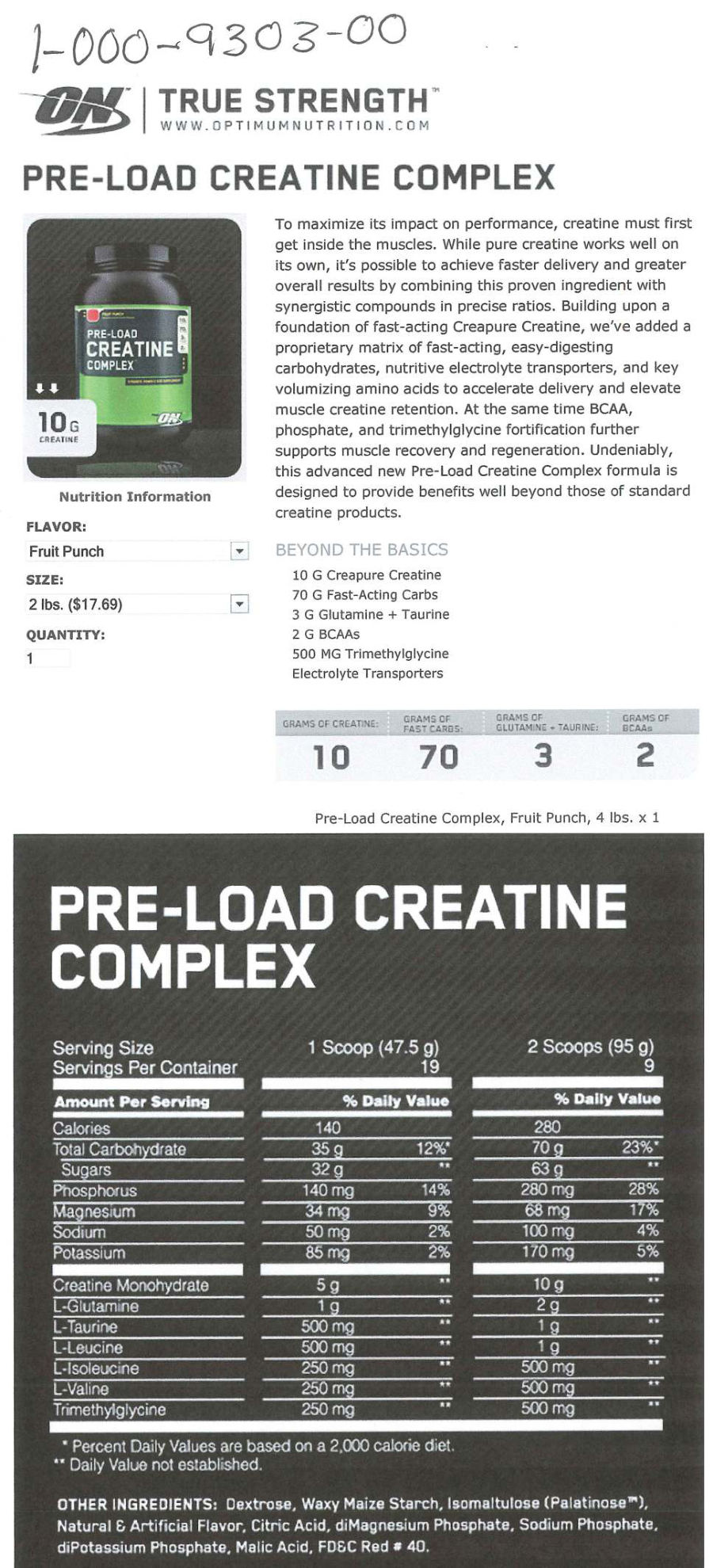 Official label of ON Optimum Nutrition Pre-Load Creatine Complex Fruit Punch (NIH DSLD #13927)