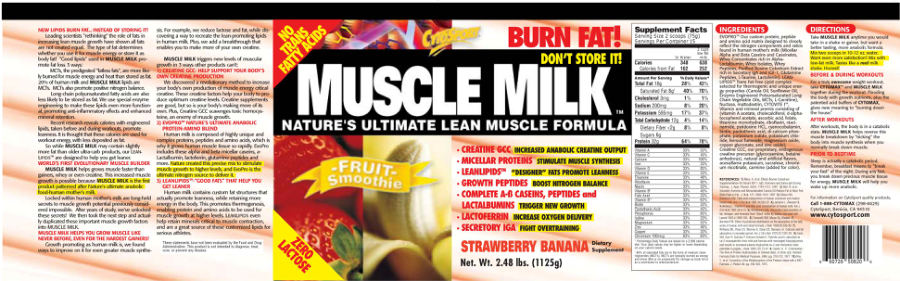 Official label of CytoSport Muscle Milk Strawberry Banana (NIH DSLD #14522)