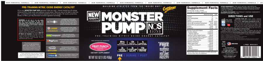 Official label of CytoSport Monster Pump Fruit Punch (NIH DSLD #14625)