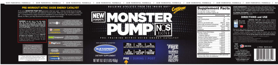 Official label of CytoSport Monster Pump Blue Raspberry (NIH DSLD #14653)