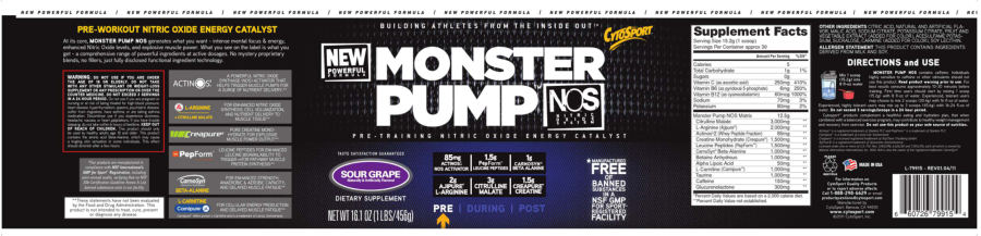 Official label of CytoSport Monster Pump Sour Grape (NIH DSLD #14655)