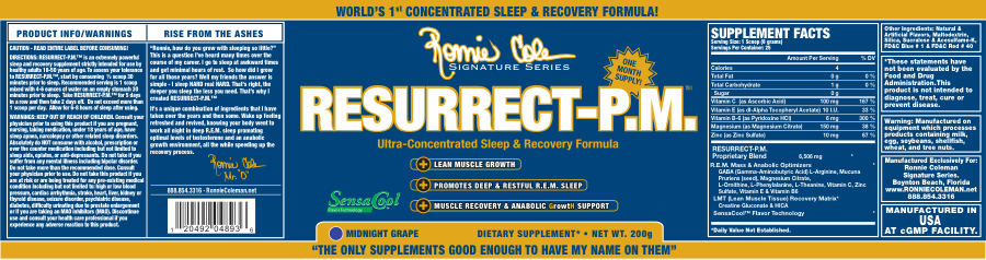 Official label of Ronnie Coleman Signature Series Resurrect-P.M. Midnight Grape (NIH DSLD #14961)