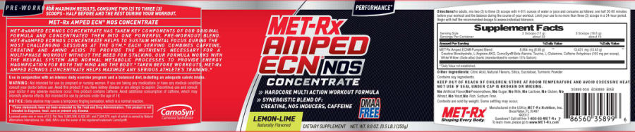 Official label of MET-Rx Amped ECN NOS Concentrate Lemon-Lime (NIH DSLD #15674)