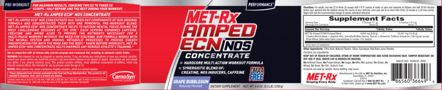 Official label of MET-Rx Amped ECN NOS Grape Bubblegum (NIH DSLD #15688)