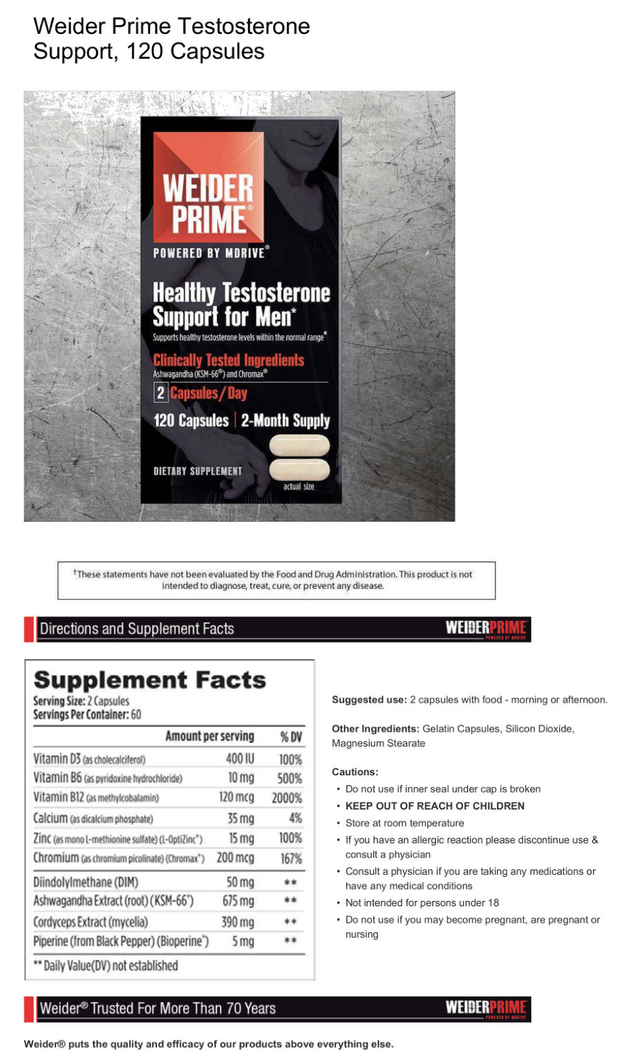 Official label of Weider Prime Healthy Testosterone Support For Men (NIH DSLD #171962)
