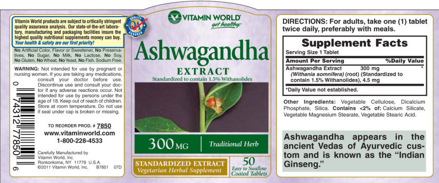 Official label of Vitamin World Ashwagandha Extract 300 mg (NIH DSLD #1739)