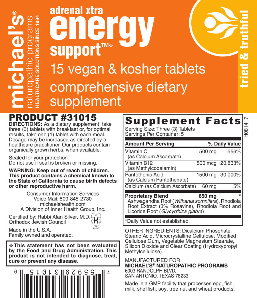 Official label of Michael's Naturopathic Programs Adrenal Xtra Energy Support (NIH DSLD #174494)