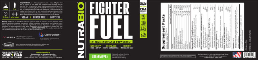 Official label of NutraBio Fighter Fuel Green Apple (NIH DSLD #174741)