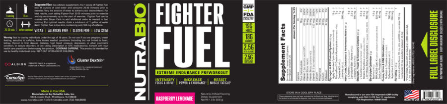 Official label of NutraBio Fighter Fuel Raspberry Lemonade (NIH DSLD #174747)