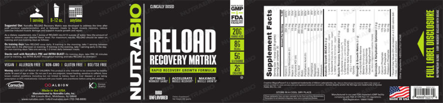 Official label of NutraBio Reload Recovery Matrix Raw Unflavored (NIH DSLD #174972)