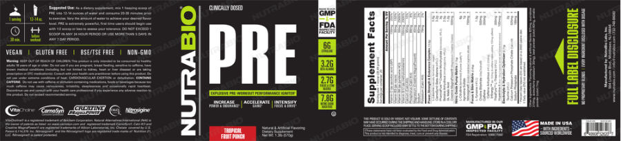 Official label of NutraBio Pre Tropical Fruit Punch (NIH DSLD #174999)