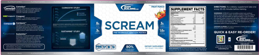 Official label of Bodybuilding.com Platinum Series Scream Fruit Punch (NIH DSLD #175291)