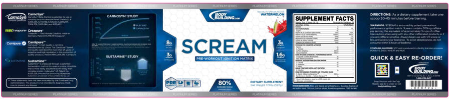 Official label of Bodybuilding.com Platinum Series Scream Watermelon (NIH DSLD #175300)