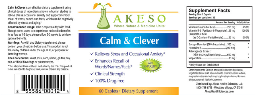Official label of Akeso Calm & Clever (NIH DSLD #175366)