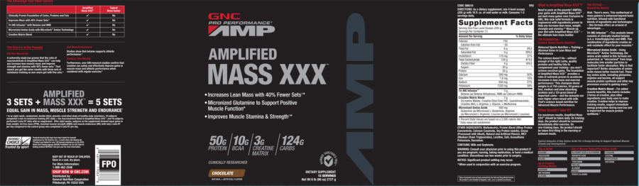 Official label of GNC Pro Performance AMP Amplified Mass XXX Chocolate (NIH DSLD #175429)
