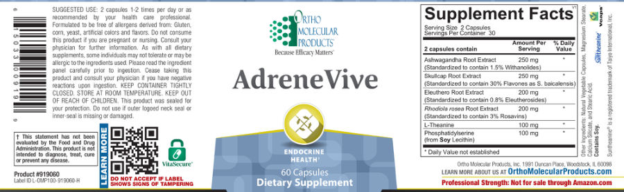 Official label of Ortho Molecular Products AdreneVive (NIH DSLD #175594)