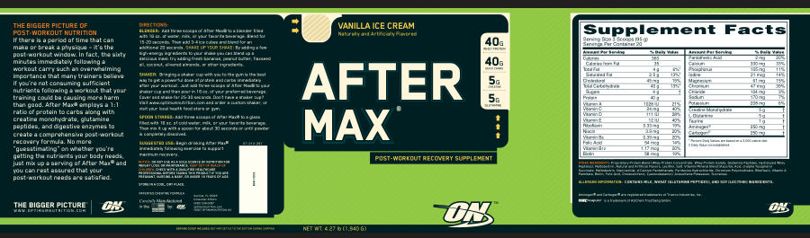 Official label of Optimum Nutrition After Max Vanilla Ice Cream (NIH DSLD #17574)