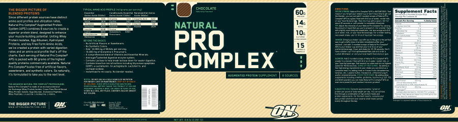 Official label of ON Optimum Nutrition Natural Pro Complex Chocolate (NIH DSLD #17580)