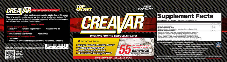 Official label of Top Secret Nutrition Creavar (NIH DSLD #17581)