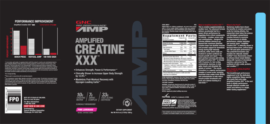Official label of GNC Pro Performance AMP Amplified Creatine XXX Pink Lemonade (NIH DSLD #176055)