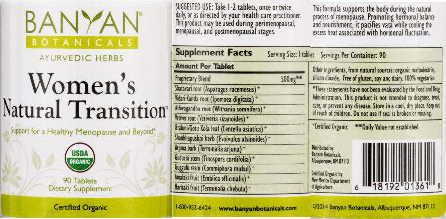 Official label of Banyan Botanicals Women's Natural Transition (NIH DSLD #176278)