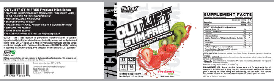 Official label of Nutrex Research Clinical Edge Outlift Stim-Free Strawberry Kiwi (NIH DSLD #176400)