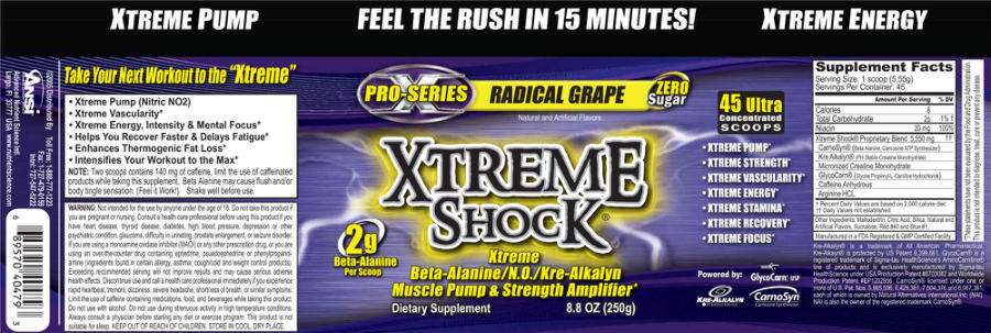 Official label of ANSI Advanced Nutrient Science Intl Xtreme Shock Radical Grape (NIH DSLD #177031)