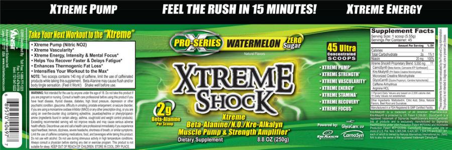 Official label of ANSI Advanced Nutrient Science Intl Xtreme Shock Watermelon (NIH DSLD #177034)