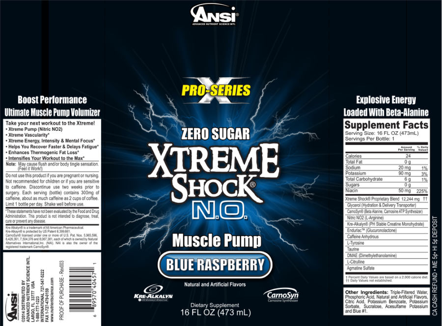 Official label of ANSI Advanced Nutrient Science Intl Xtreme Shock N.O. Blue Raspberry (NIH DSLD #177037)
