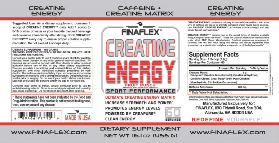 Official label of FINAFLEX Creatine Energy Fruit Punch (NIH DSLD #177867)
