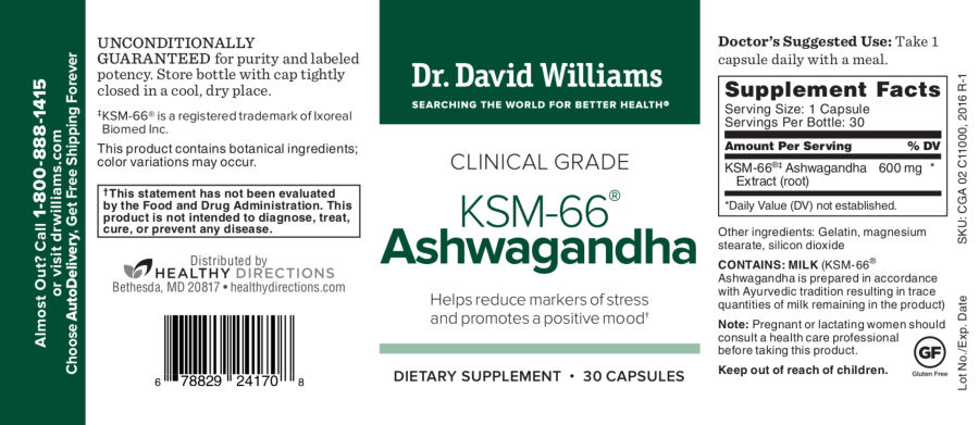 Official label of Dr. David Williams KSM-66 Ashwagandha (NIH DSLD #178420)
