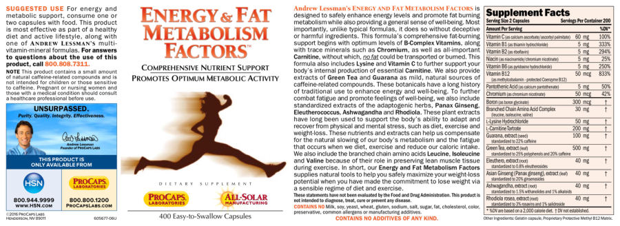 Official label of ProCaps Laboratories Energy & Fat Metabolism Factors (NIH DSLD #179104)