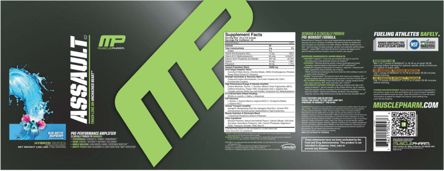 Official label of MusclePharm Assault Blue Arctic Rasberry (NIH DSLD #17956)