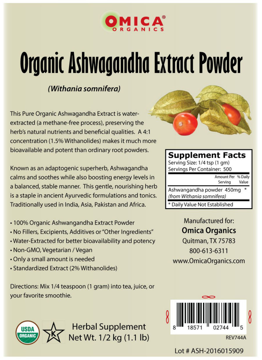 Official label of Omica Organics Organic Ashwagandha Extract Powder (NIH DSLD #179571)