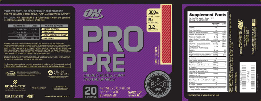 Official label of ON Optimum Nutrition Pro Pre Fruit Fusion (NIH DSLD #179674)