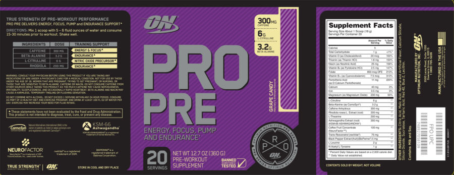 Official label of ON Optimum Nutrition Pro Pre Grape Candy (NIH DSLD #179684)