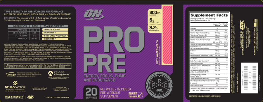 Official label of ON Optimum Nutrition Pro Pre Juicy Watermelon (NIH DSLD #179692)