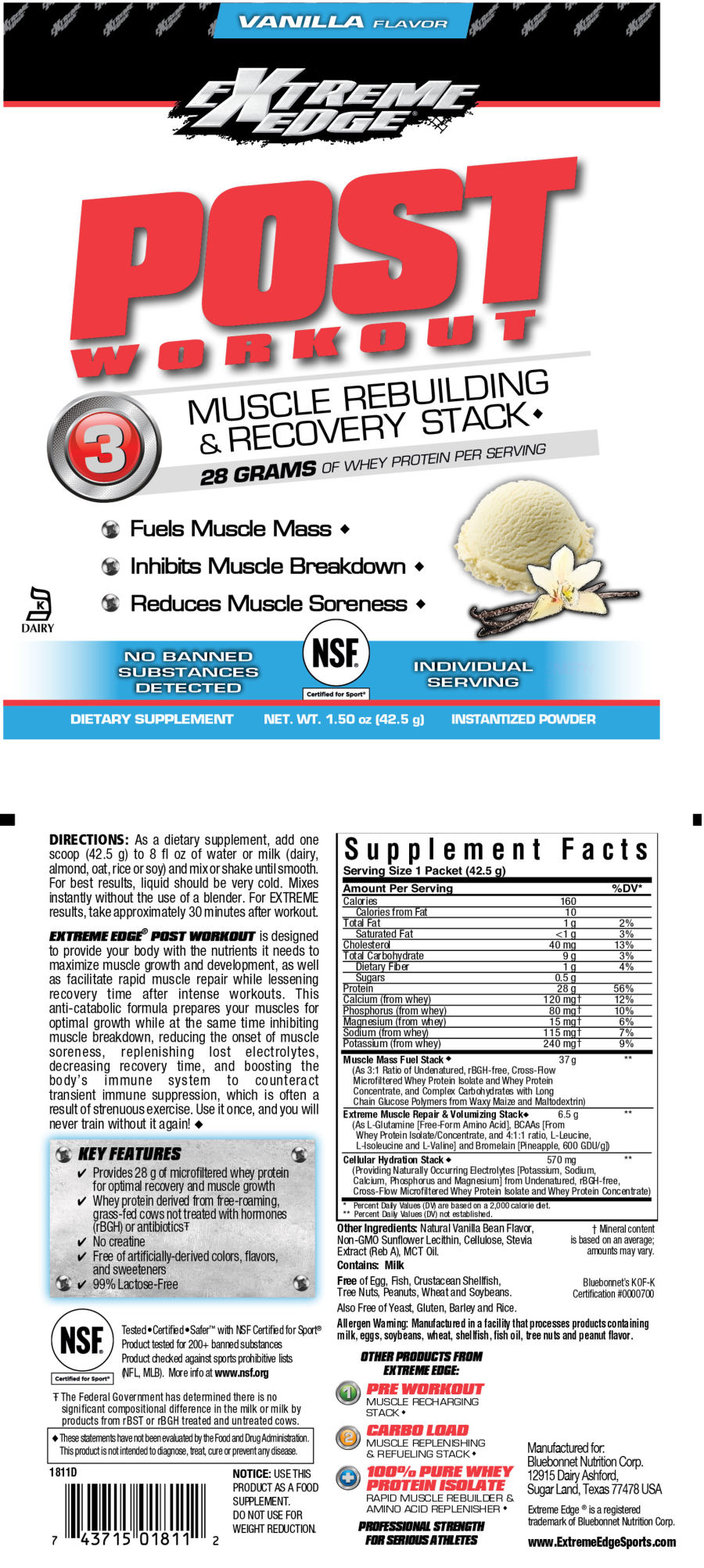 Official label of Extreme Edge Post Workout Vanilla Flavor (NIH DSLD #180022)