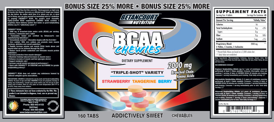 Official label of Betancourt Nutrition BCAA Chewies Strawberry Tangerine Berry (NIH DSLD #18038)